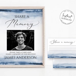 Acuarela azul Compartir un signo funerario de memoria Compartir una tarjeta de memoria, Tarjeta de memoria funeraria, Funeral de niño editable Compartir una plantilla de memoria B4