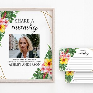 Hawaiano Compartir un signo funerario de memoria Compartir una tarjeta de memoria Tarjeta de memoria funeraria tropical Funeral editable compartir un signo conmemorativo de plantilla de memoria