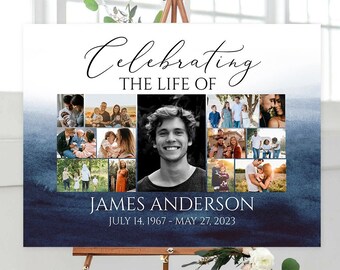 May include: A blue and white watercolor background with a collage of photos celebrating the life of James Anderson. The text reads "Celebrating the Life of James Anderson July 14, 1967 - May 27, 2023".