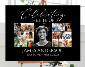 Könnte beinhalten: Schwarzweißes Gedenkposter mit einer Collage von Fotos eines Mannes und seiner Familie. Das Poster lautet "Celebrating the Life of James Anderson July 14, 1967 - May 27, 2023".