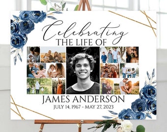 May include: A white memorial sign with gold geometric shapes and blue watercolor flowers. The text reads "Celebrating the Life of James Anderson July 14, 1967 - May 27, 2023". The sign features a collage of photos of James and his family.