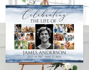 May include: A blue and white watercolor background with a collage of photos of a man and his family. The text "Celebrating the Life of James Anderson July 14, 1967 - May 27, 2023" is printed below the photos.