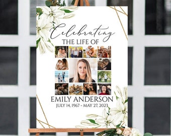 Celebration Of Life Photos Collage Funeral Welcome Sign, White Lilies Photo Collage Funeral Poster, Photo Collage Memorial Service Sign