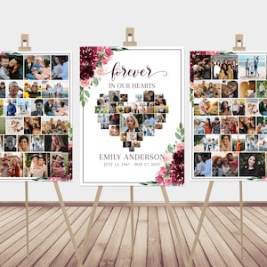 Celebration Of Life Funeral Poster, Red Roses Heart Photo Collage Funeral Sign, Burgundy Forever in our Hearts Memorial Photo Display Set R3