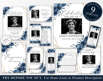 Editable Blue Funeral Bundle, Memorial Package, Celebration of Life Package, In Loving Memory Suite, Royal Blue Floral Funeral Bundle B2