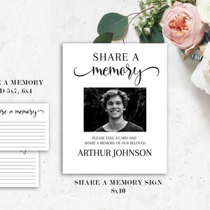 May include: A white sign with the text "SHARE A memory" and a black and white photo of a person. Includes "SHARE A MEMORY SIGN 8x10" and "SHARE A MEMORY CARD 5x7, 6x4". Also includes the text "PLEASE TAKE A CARD AND SHARE A MEMORY OF OUR BELOVED ARTHUR JOHNSON".