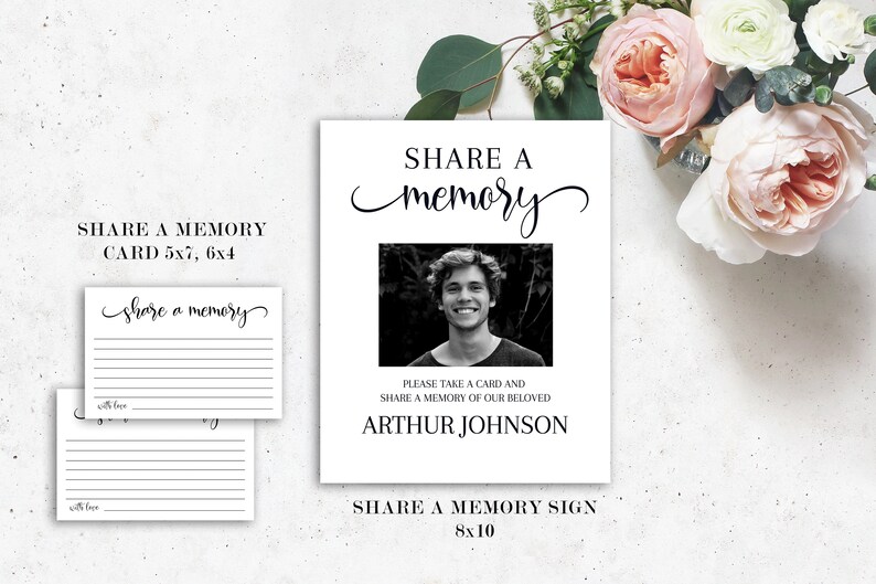 May include: A white sign with the text "SHARE A memory" and a black and white photo of a person. Includes "SHARE A MEMORY SIGN 8x10" and "SHARE A MEMORY CARD 5x7, 6x4". Also includes the text "PLEASE TAKE A CARD AND SHARE A MEMORY OF OUR BELOVED ARTHUR JOHNSON".