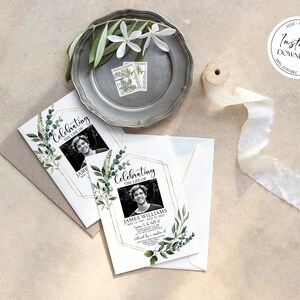 May include: Two printable memorial cards with a green and gold geometric frame, featuring a photo of a person and the text "Celebrating the Life of".