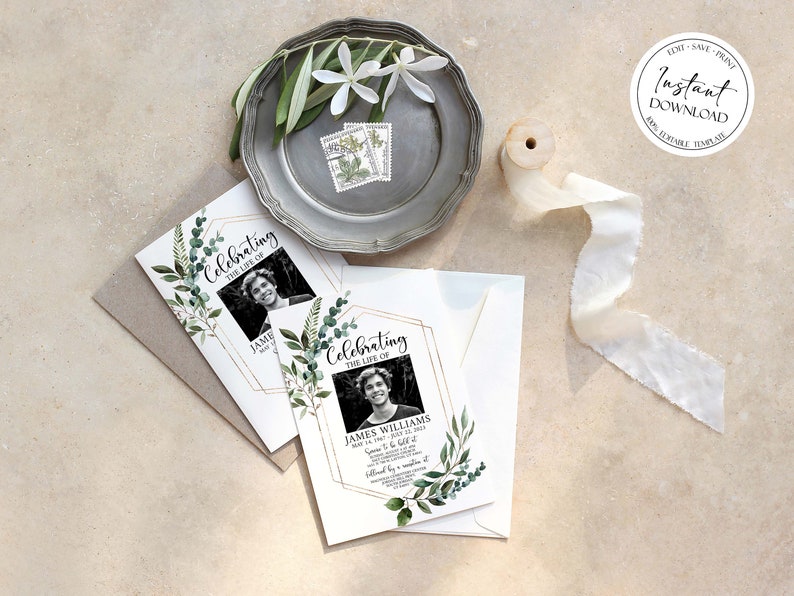 May include: Two printable memorial cards with a green and gold geometric frame, featuring a photo of a person and the text "Celebrating the Life of".