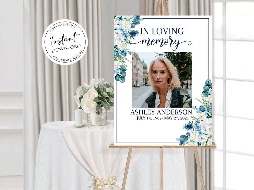 Blue White Floral Funeral Welcome Sign, Celebration Of Life Poster, Blue Funeral Poster Template, Memorial Sign, Editable Funeral Sign B1