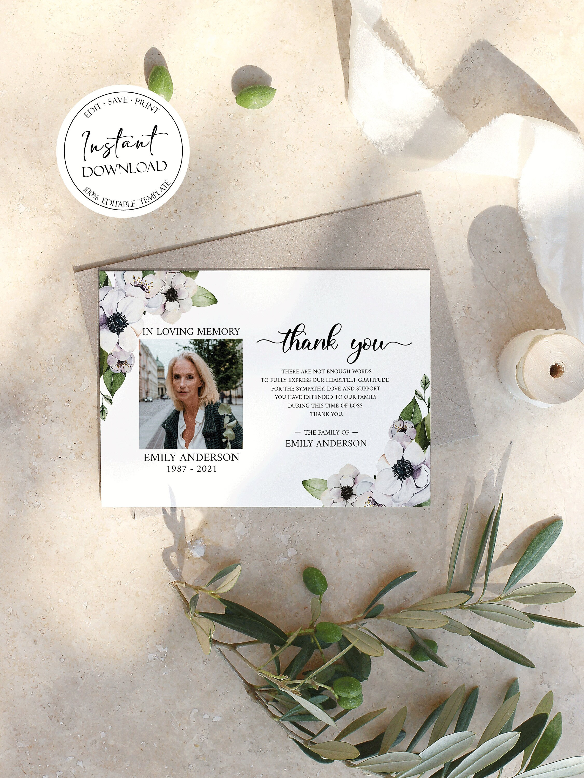 Purple Floral Funeral Thank You Card, Funeral Photo Thank You Card ...