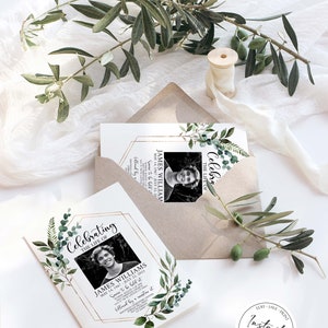 May include: A white card with a gold frame and green foliage border. The card is a memorial invitation for James Williams, with a black and white photo of him. The text reads "Celebrating the Life of James Williams May 14, 1967 - July 22, 2023 Service to be held at... followed by a reception at..."