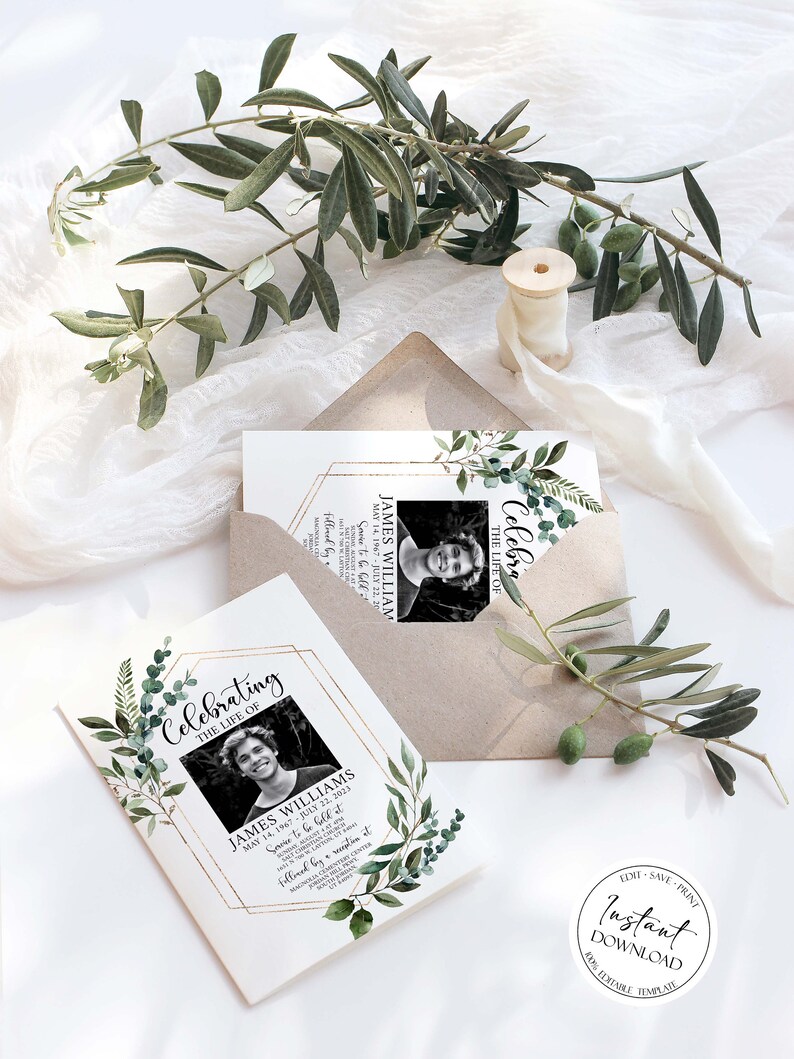 May include: A white card with a gold frame and green foliage border. The card is a memorial invitation for James Williams, with a black and white photo of him. The text reads "Celebrating the Life of James Williams May 14, 1967 - July 22, 2023 Service to be held at... followed by a reception at..."