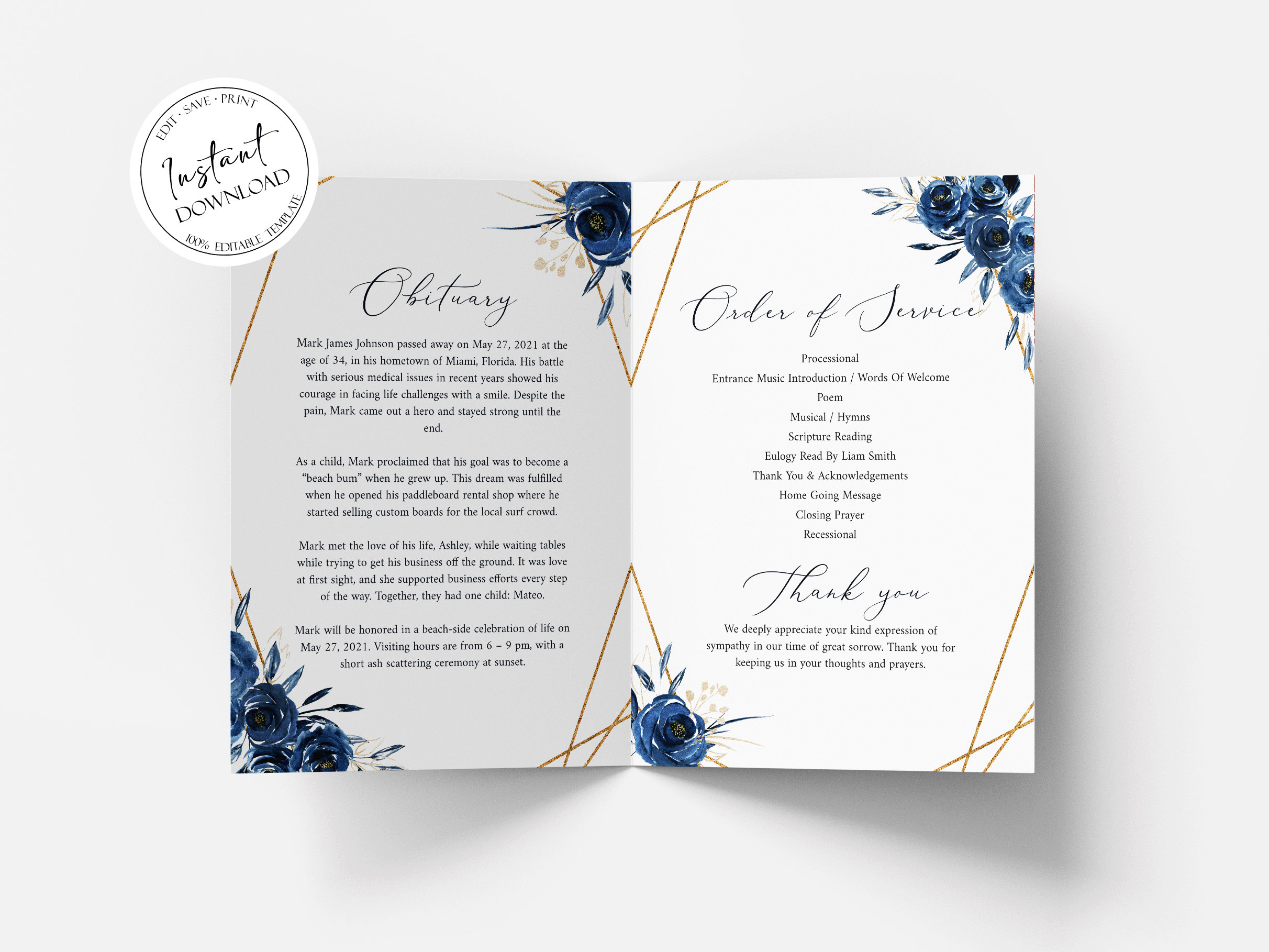 Royal Blue Funeral Program Template Blue Funeral Brochure - Etsy