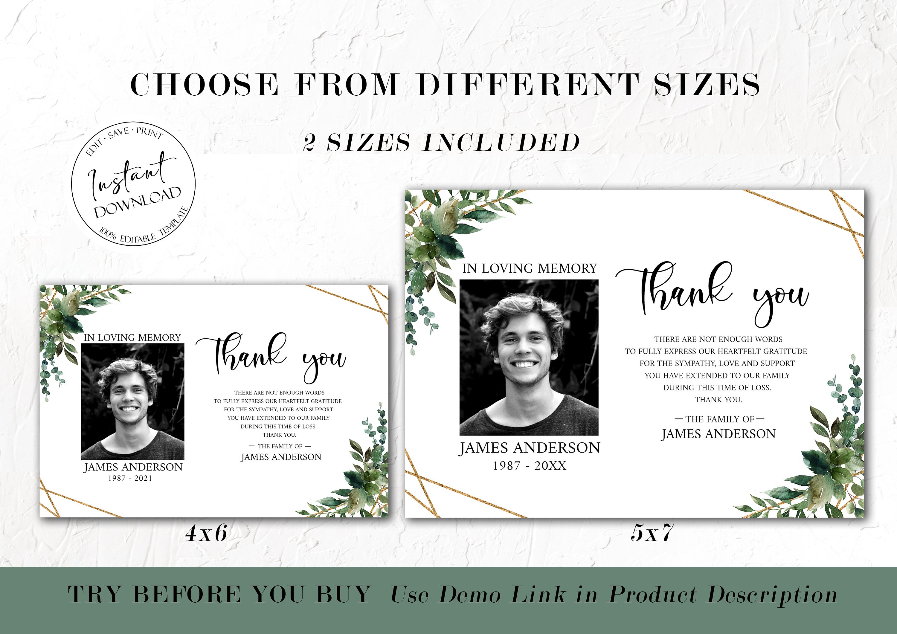Printable Greenery Gold Funeral Thank You Card Template Celebration of ...