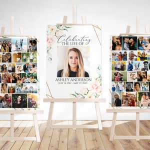Celebration Of Life Funeral Poster, Blush Pink Roses Collage Funeral Welcome Sign, Photo Memorial Sign, Funeral Photo Display Set P4