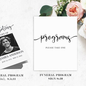 May include: White funeral program and sign with black text. The program features a photo and the text "Celebrating the Life of James Anderson." The sign reads "programs, please take one."