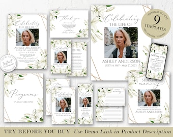 Editable Funeral Bundle, Memorial Package, Celebration of Life Package, In Loving Memory Suite, Funeral Templates Bundle, White Lily Funeral