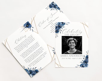 Royal Blue Funeral Program Template, Blue Funeral Brochure, Blue Memorial Program, Obituary Program, Funeral program template for man B2