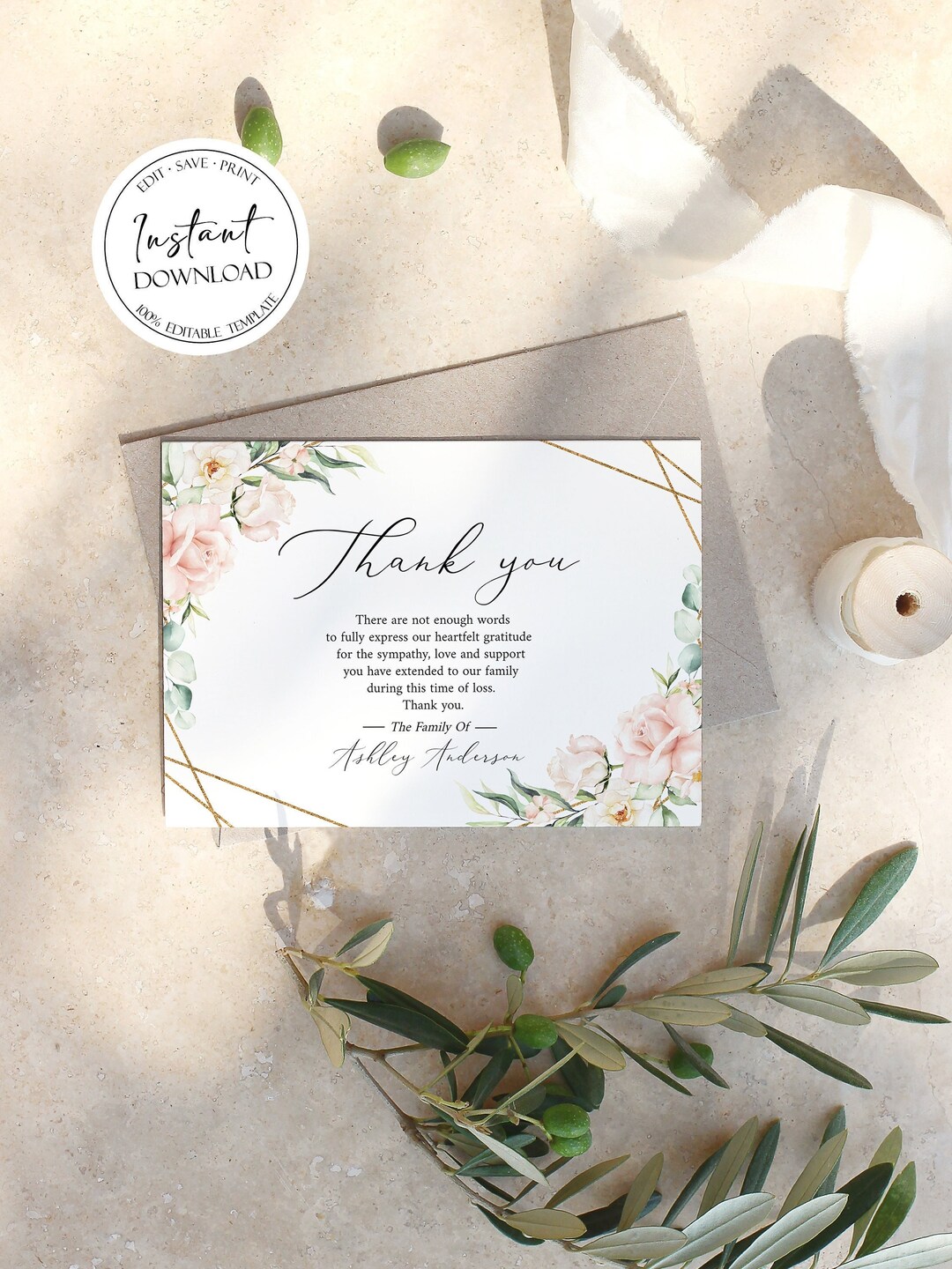 Blush Pink Funeral Thank You Card Template, Celebration of Life ...