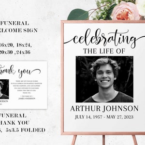 May include: A funeral welcome sign and thank you card set. The welcome sign features the text "celebrating the life of" and a black and white photo. The thank you card includes a photo and text. The sign is on a wooden easel.