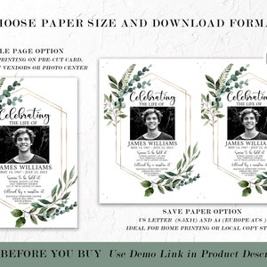 May include: A printable memorial card template with a gold geometric frame and green foliage. The text reads "Celebrating the Life of" and includes a photo placeholder, name, and dates. The card is available in single page and save paper options.