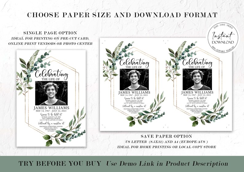 May include: A printable memorial card template with a gold geometric frame and green foliage. The text reads "Celebrating the Life of" and includes a photo placeholder, name, and dates. The card is available in single page and save paper options.