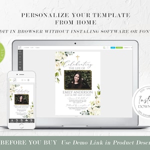 Pu&ograve; includere: Un mockup digitale di un modello di annuncio funebre su uno schermo di laptop e telefono. Il modello presenta un design floreale bianco con una croce e il testo "Celebrating the Life of Emily Anderson".