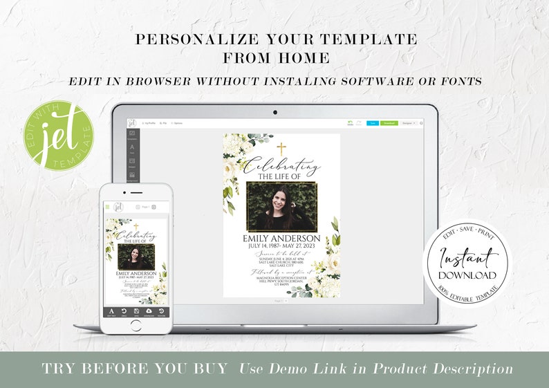 Pu&ograve; includere: Un mockup digitale di un modello di annuncio funebre su uno schermo di laptop e telefono. Il modello presenta un design floreale bianco con una croce e il testo "Celebrating the Life of Emily Anderson".