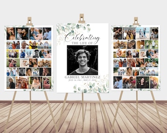 Celebration Of Life Funeral Poster, Editable Photo Collage Funeral Welcome Sign, Greenery Photo Memorial Sign, Funeral Photo Display Set G1