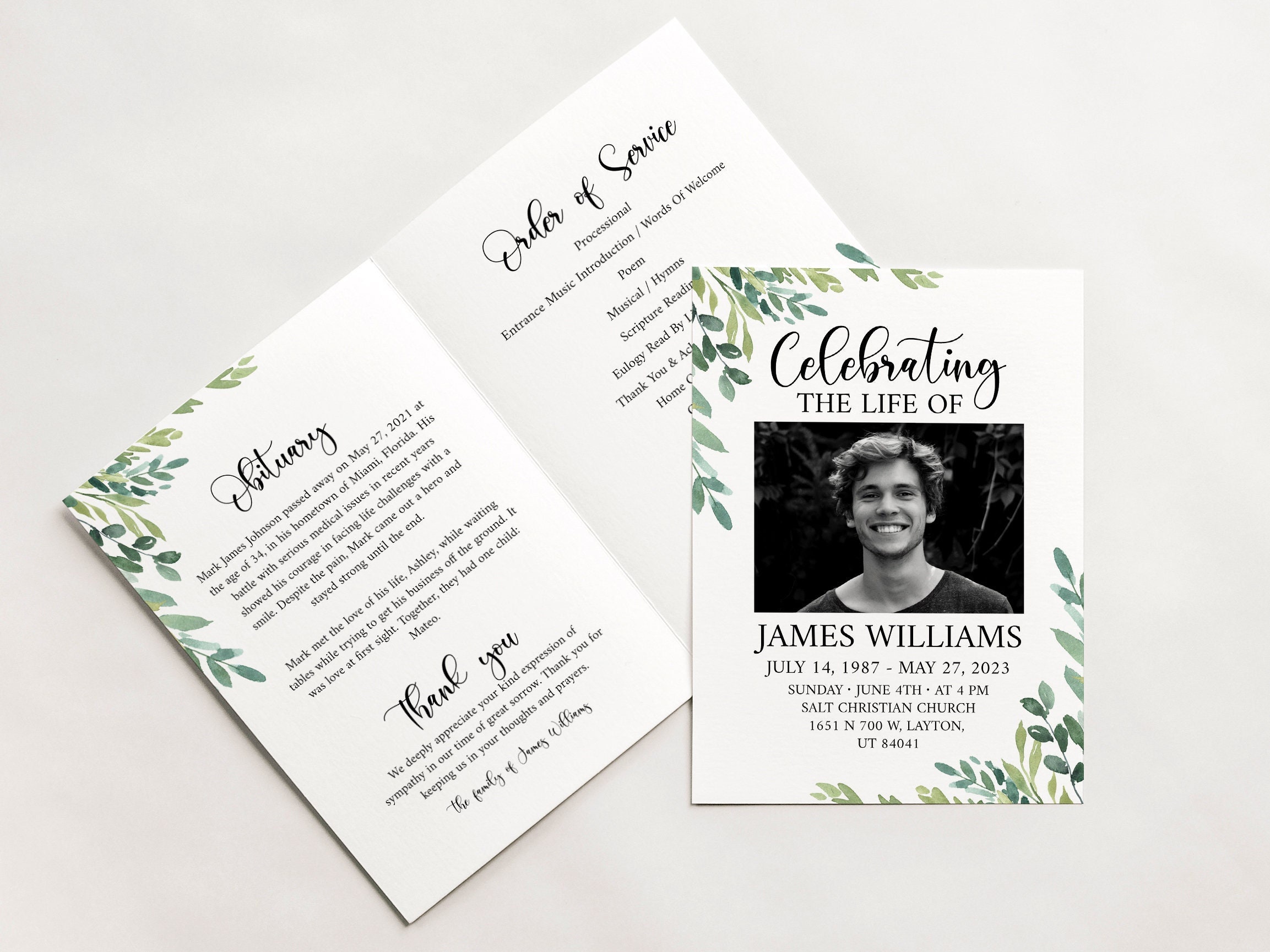 Celebration of life Greenery Funeral Program Template, Greenery Funeral Brochure, Editable Greenery Memorial Program, Obituary Program G2