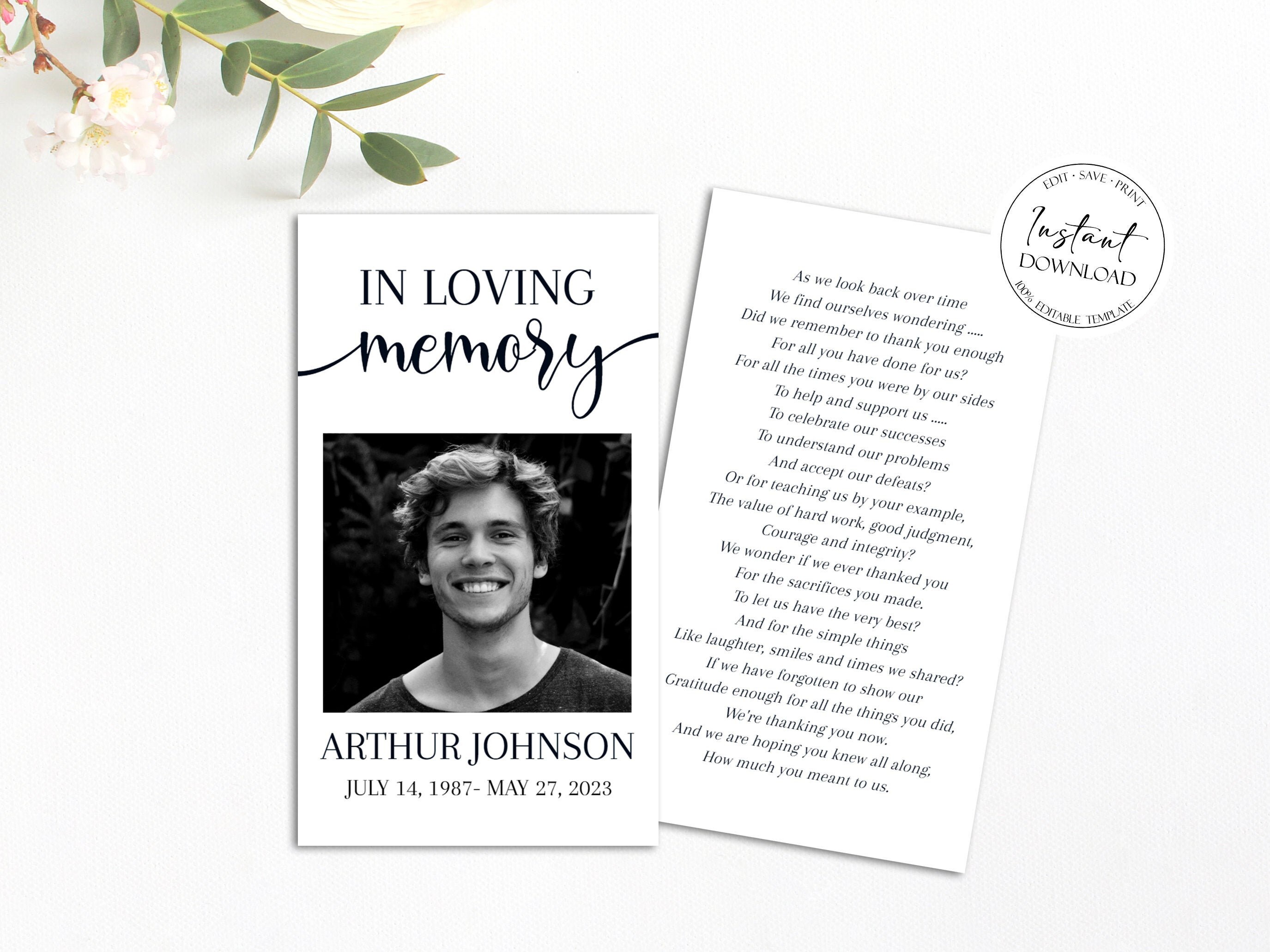 Editable Funeral Prayer Card Template Printable Memorial | Etsy