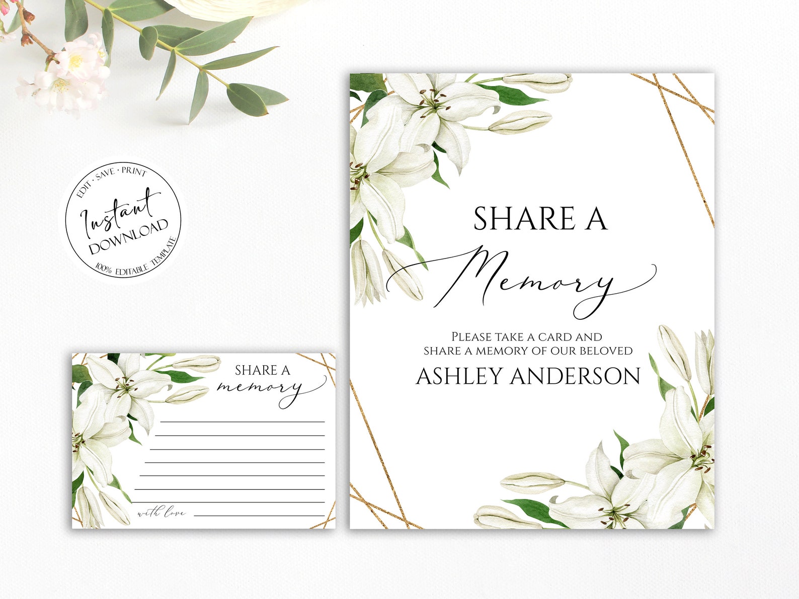 White Lilies Share a Memory Funeral Sign Share a Memory Cards, Funeral