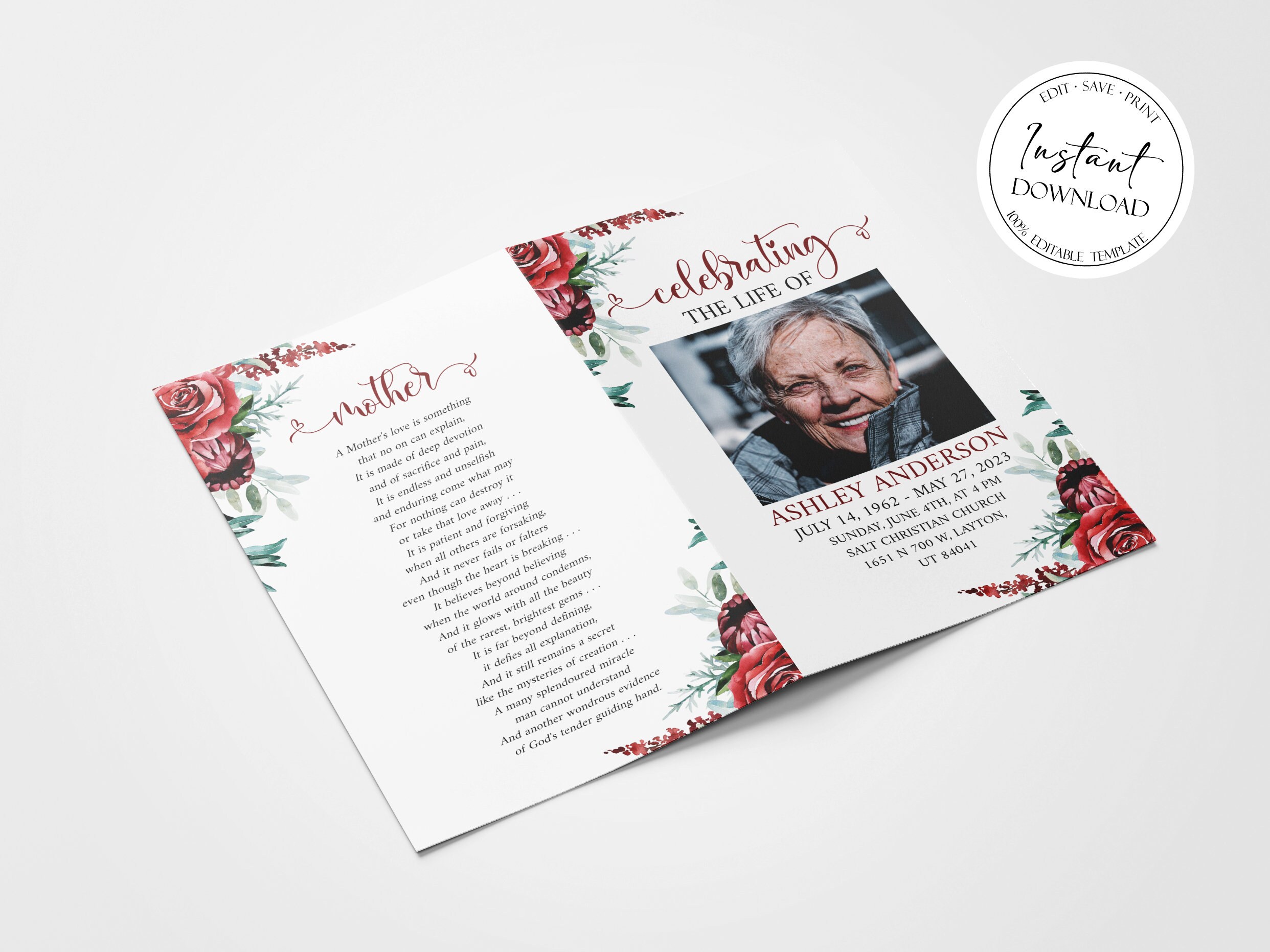 Celebration of Life Funeral Program Template Red Funeral - Etsy