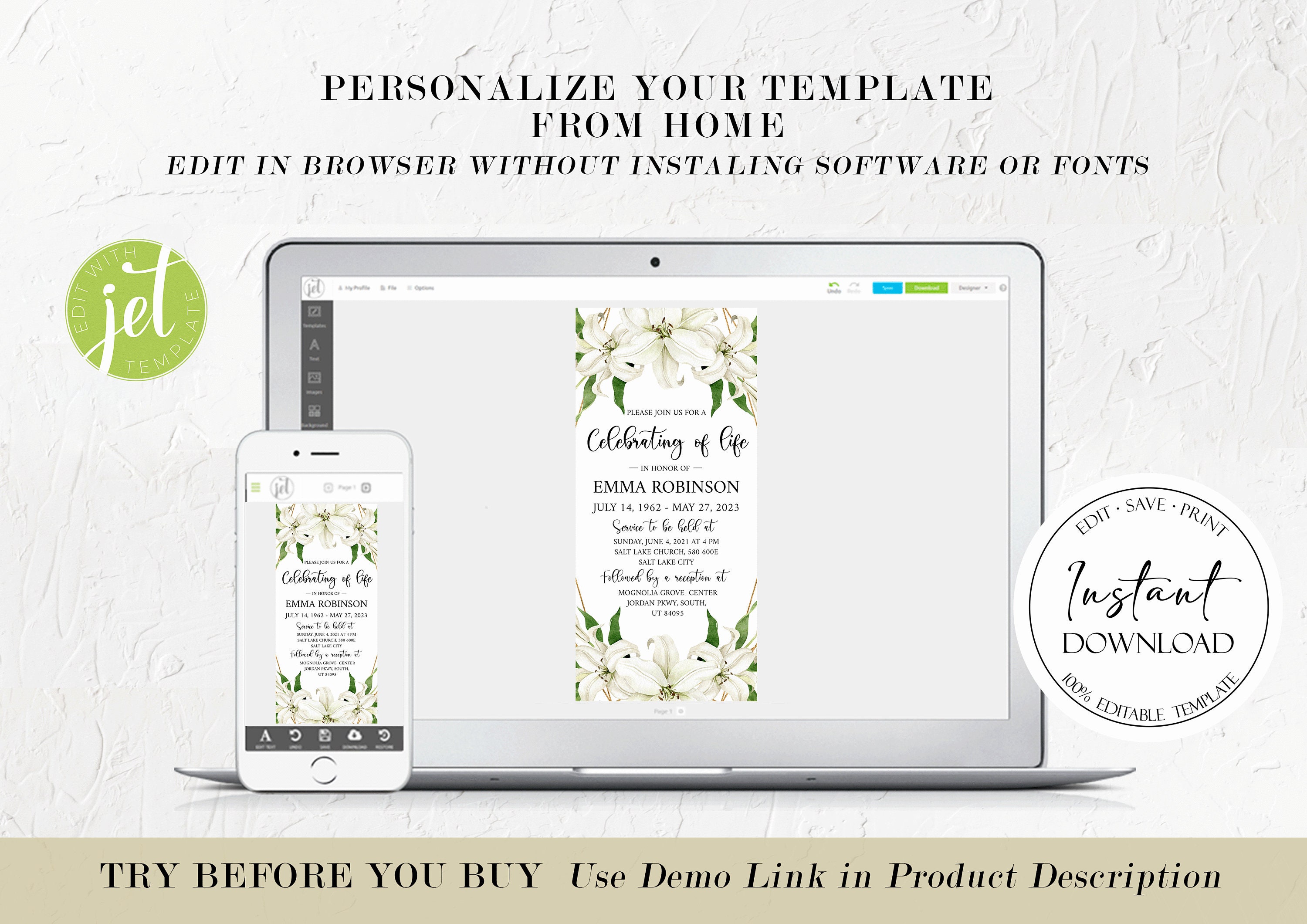 Digital Celebration of Life Invitation White Lilies Memorial Etsy