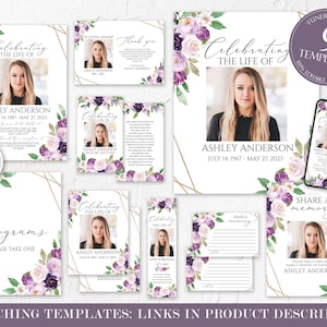 Pacote Funeral Editável, Pacote Memorial, Pacote Celebração da Vida em Loving Memory Suite Funeral Templates Bundle Conjunto Funeral Roxo P1