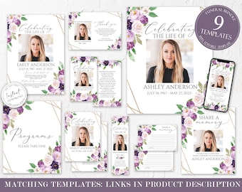 Editable Funeral Bundle, Memorial Package, Celebration of Life Package In Loving Memory Suite Funeral Templates Bundle Purple Funeral Set P1