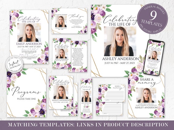 Editable Funeral Bundle, Memorial Package, Celebration of Life Package In Loving Memory Suite Funeral Templates Bundle Purple Funeral Set P1
