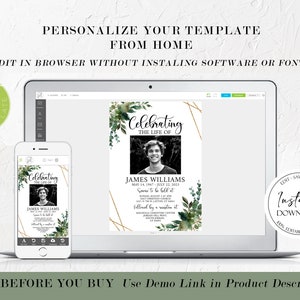 Celebration of life Invitations, Greenery Gold Funeral Invite, Greenery Gold Funeral Announcement Template, Memorial Service Invitation Q1 image 6
