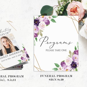 May include: Purple and white floral funeral program template with a gold geometric frame. The program is 5x7 inches and 8.5x11 inches. It includes a photo placeholder and the text "Celebrating the Life of" and "Programs Please Take One".