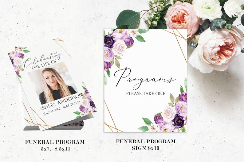 May include: Purple and white floral funeral program template with a gold geometric frame. The program is 5x7 inches and 8.5x11 inches. It includes a photo placeholder and the text "Celebrating the Life of" and "Programs Please Take One".