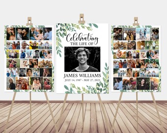 Celebration Of Life Funeral Poster, Editable Photo Collage Funeral Welcome Sign, Greenery Photo Memorial Sign, Funeral Photo Display Set G2