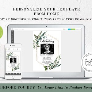May include: A laptop screen displaying a digital template for a memorial card. The template features a photo of a man, a gold geometric frame, and green foliage. The text "Celebrating the life of" and "James Williams" is visible on the template. The text "Edit, Save, Print Instant Download" is visible on a button in the corner of the screen.