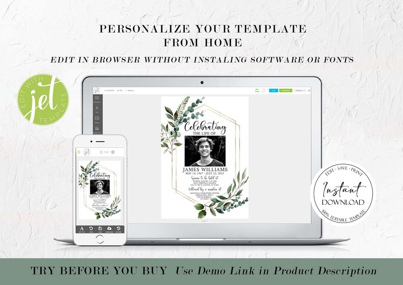 May include: A laptop screen displaying a digital template for a memorial card. The template features a photo of a man, a gold geometric frame, and green foliage. The text "Celebrating the life of" and "James Williams" is visible on the template. The text "Edit, Save, Print Instant Download" is visible on a button in the corner of the screen.