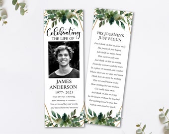 Greenery Gold Funeral Bookmark Template, Celebration of Life Bookmark, Keepsake Cards, Greenery Memorial Bookmark Greenery Funeral Favors Q1