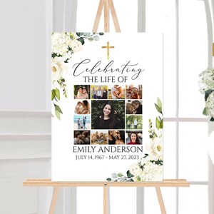 K&ouml;nnte beinhalten: Ein wei&szlig;es Gedenkposter mit einem goldenen Kreuz und einem floralen Rand. Das Poster zeigt eine Fotocollage und den Text "Celebrating the Life of Emily Anderson July 14, 1967 - May 27, 2023."