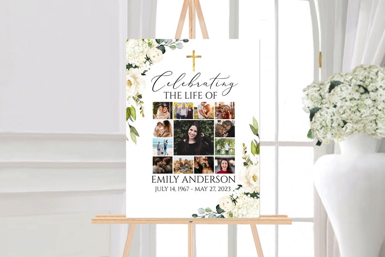 K&ouml;nnte beinhalten: Ein wei&szlig;es Gedenkposter mit einem goldenen Kreuz und einem floralen Rand. Das Poster zeigt eine Fotocollage und den Text "Celebrating the Life of Emily Anderson July 14, 1967 - May 27, 2023."