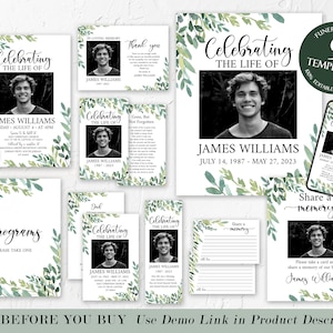 Può includere: Un pacchetto funebre con nove modelli, con una foto di James Williams e il testo "Celebrating the Life Of". I design includono programmi, biglietti commemorativi e un mockup per smartphone, il tutto con accenti di foglie ad acquerello.