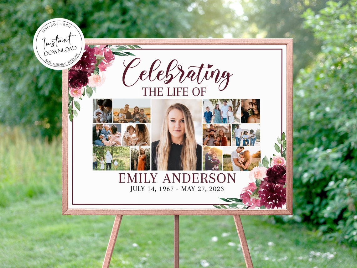 Multiple Funeral Celebration of Life Multiple Photos Funeral Welcome Sign, Editable Red ...