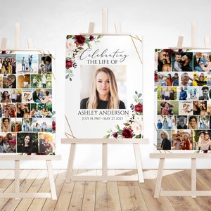 Celebration Of Life Funeral Poster  Red Roses Photo Collage Funeral Welcome Sign Photo Memorial Sign Funeral Poster Photo Display Set  R1